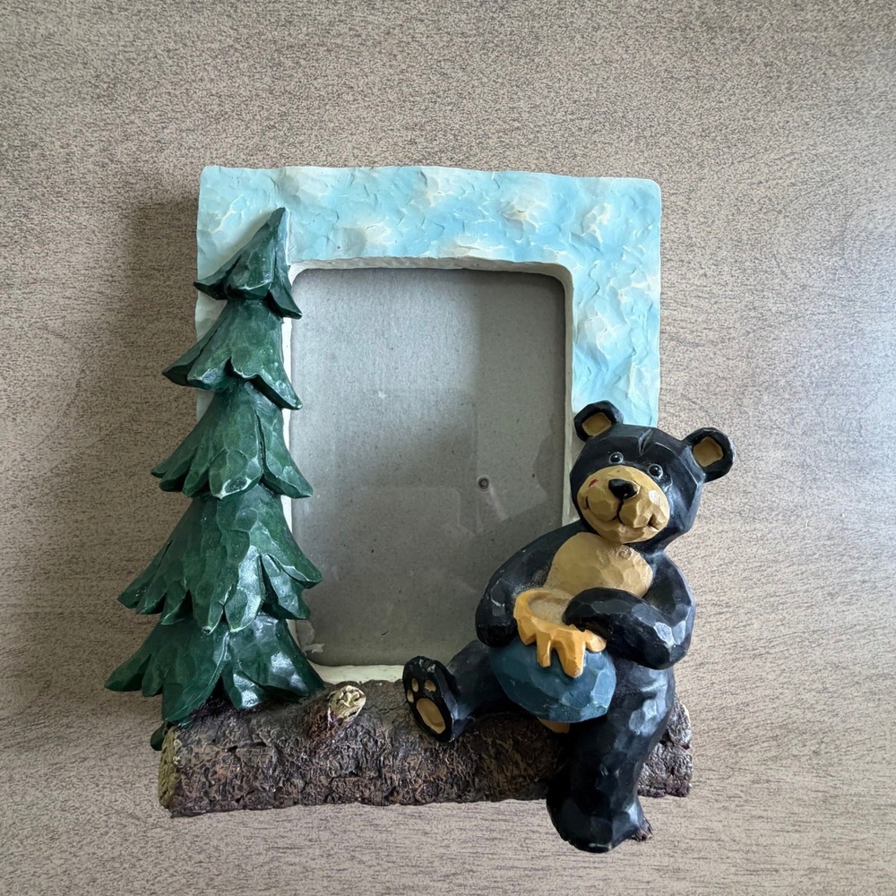 Rustic Black Bear Picture Frame Resin Cabin Lodge Decor Tree Honey Pot 3.5x5
